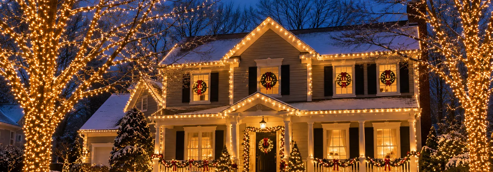 Colonial house at dusk with holiday lights on the rooflines, wreaths, garland and lit front-yard trees