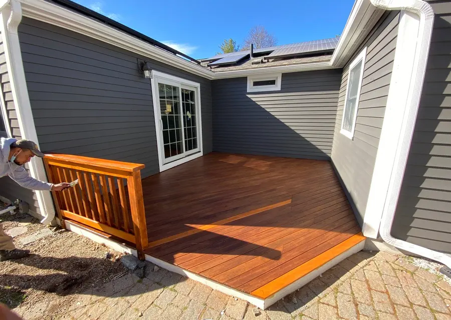 New wooden deck with freshly stained boards and railings